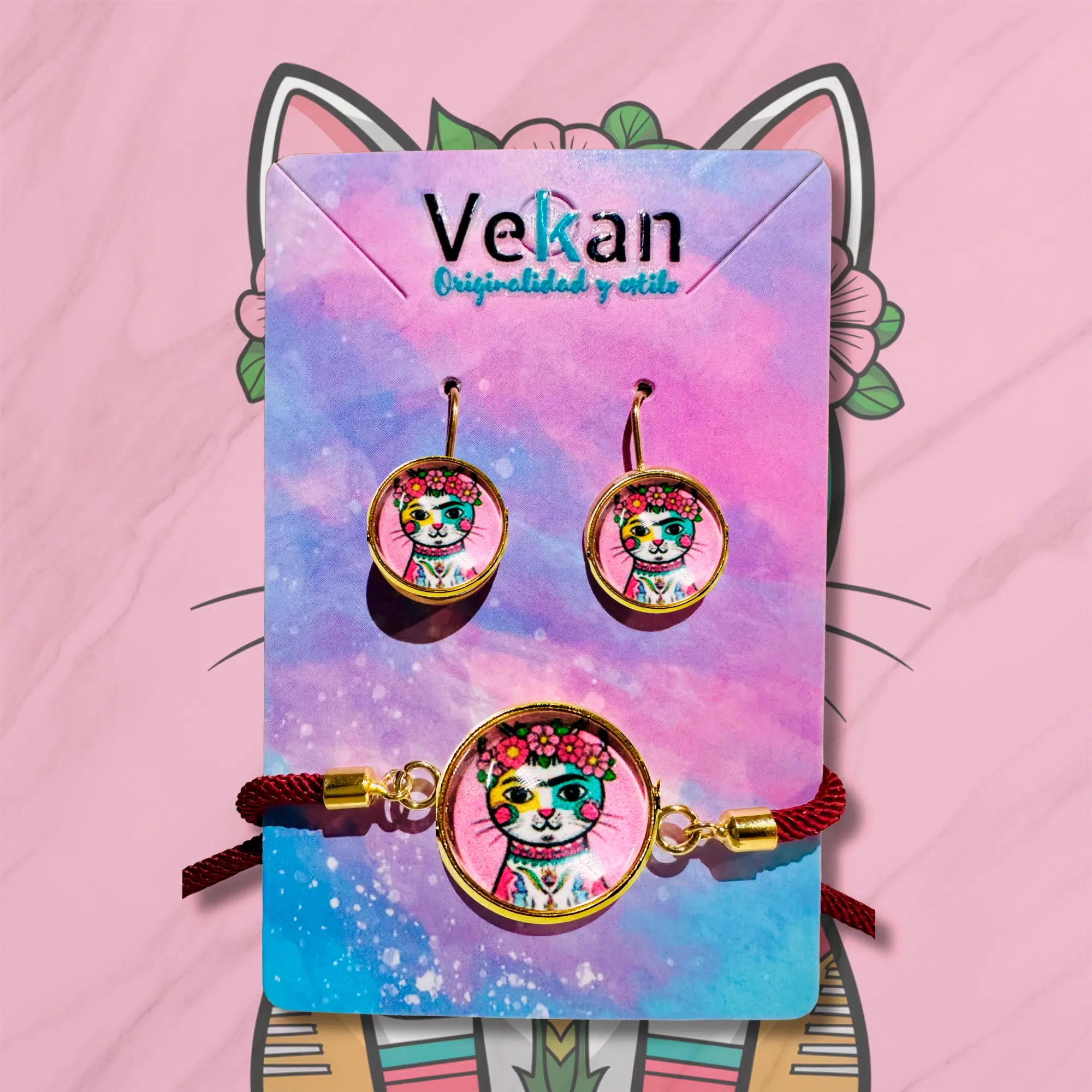 conjuntos originales Pendiente y pulsera Gato Frida